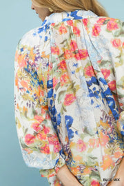 Watercolor Garden Puff Sleeve V-Neck Floral Print Blouse Top