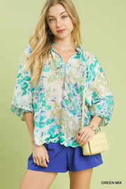 Watercolor Garden Puff Sleeve V-Neck Floral Print Blouse Top
