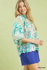 Watercolor Garden Puff Sleeve V-Neck Floral Print Blouse Top