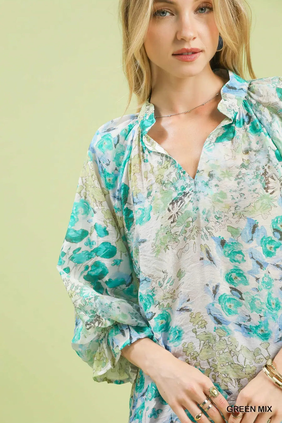 Watercolor Garden Puff Sleeve V-Neck Floral Print Blouse Top