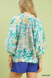 Watercolor Garden Puff Sleeve V-Neck Floral Print Blouse Top