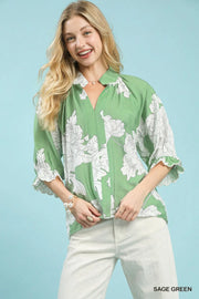 Peony Paradise Scalloped Puff Sleeve V-Neck Peony Print Blouse Top