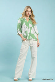 Peony Paradise Scalloped Puff Sleeve V-Neck Peony Print Blouse Top