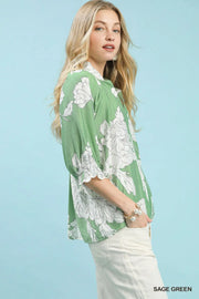 Peony Paradise Scalloped Puff Sleeve V-Neck Peony Print Blouse Top