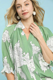 Peony Paradise Scalloped Puff Sleeve V-Neck Peony Print Blouse Top