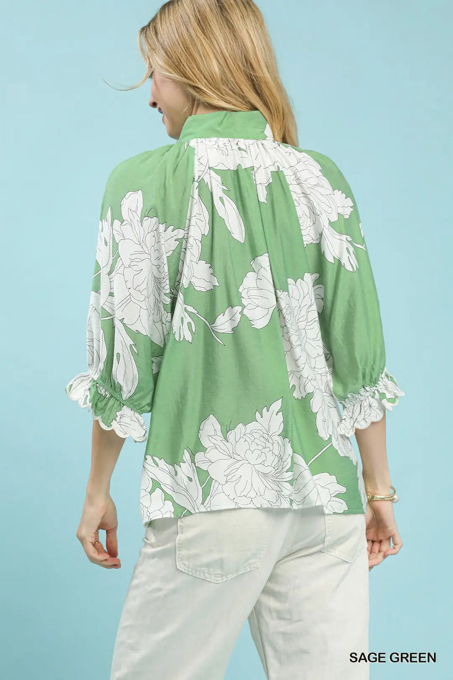 Peony Paradise Scalloped Puff Sleeve V-Neck Peony Print Blouse Top