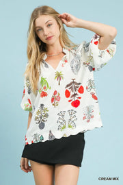 Spring Fling Puff Sleeve V-Neck Botanical Floral Print Blouse Top
