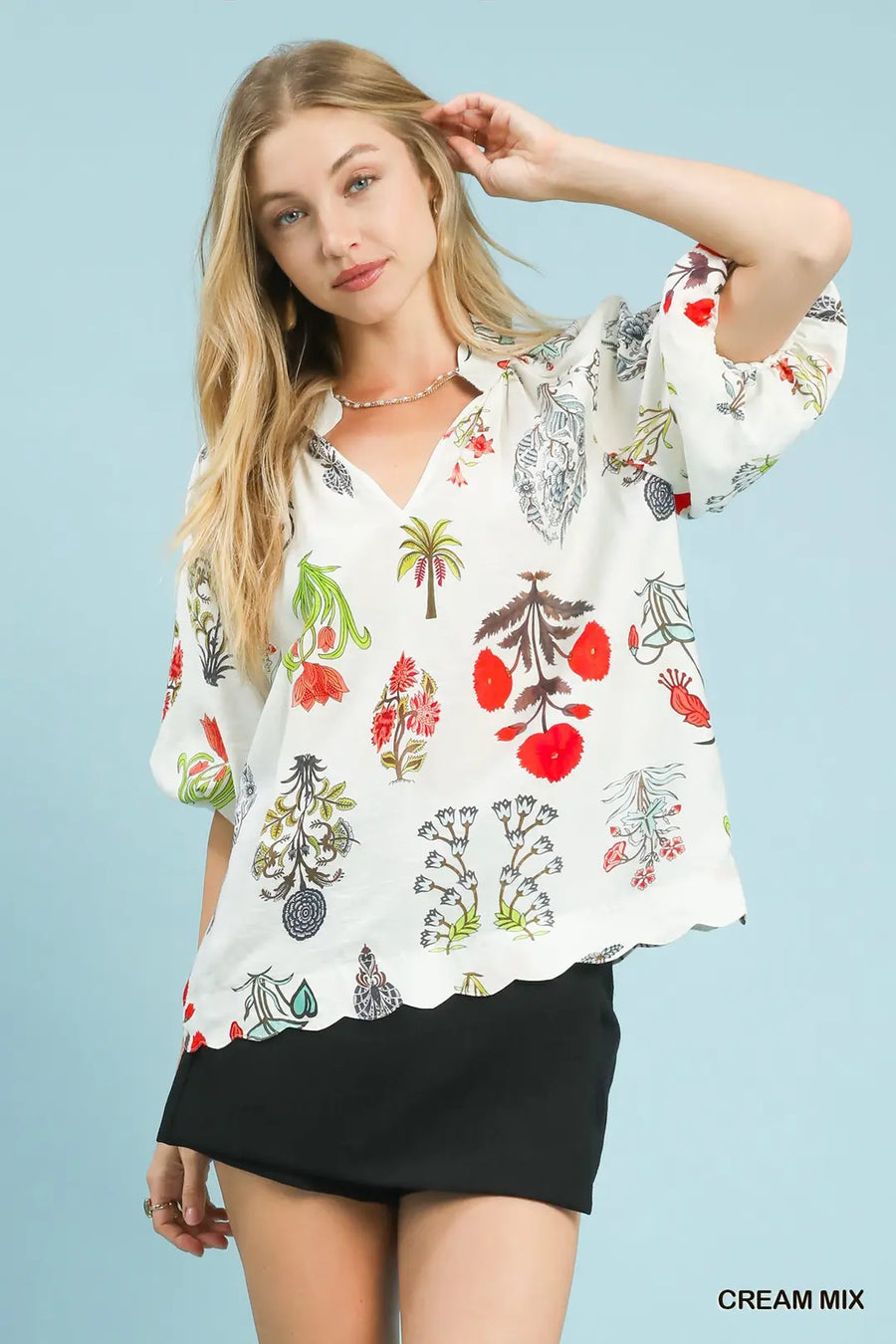 Spring Fling Puff Sleeve V-Neck Botanical Floral Print Blouse Top