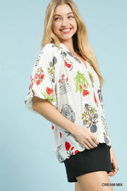 Spring Fling Puff Sleeve V-Neck Botanical Floral Print Blouse Top