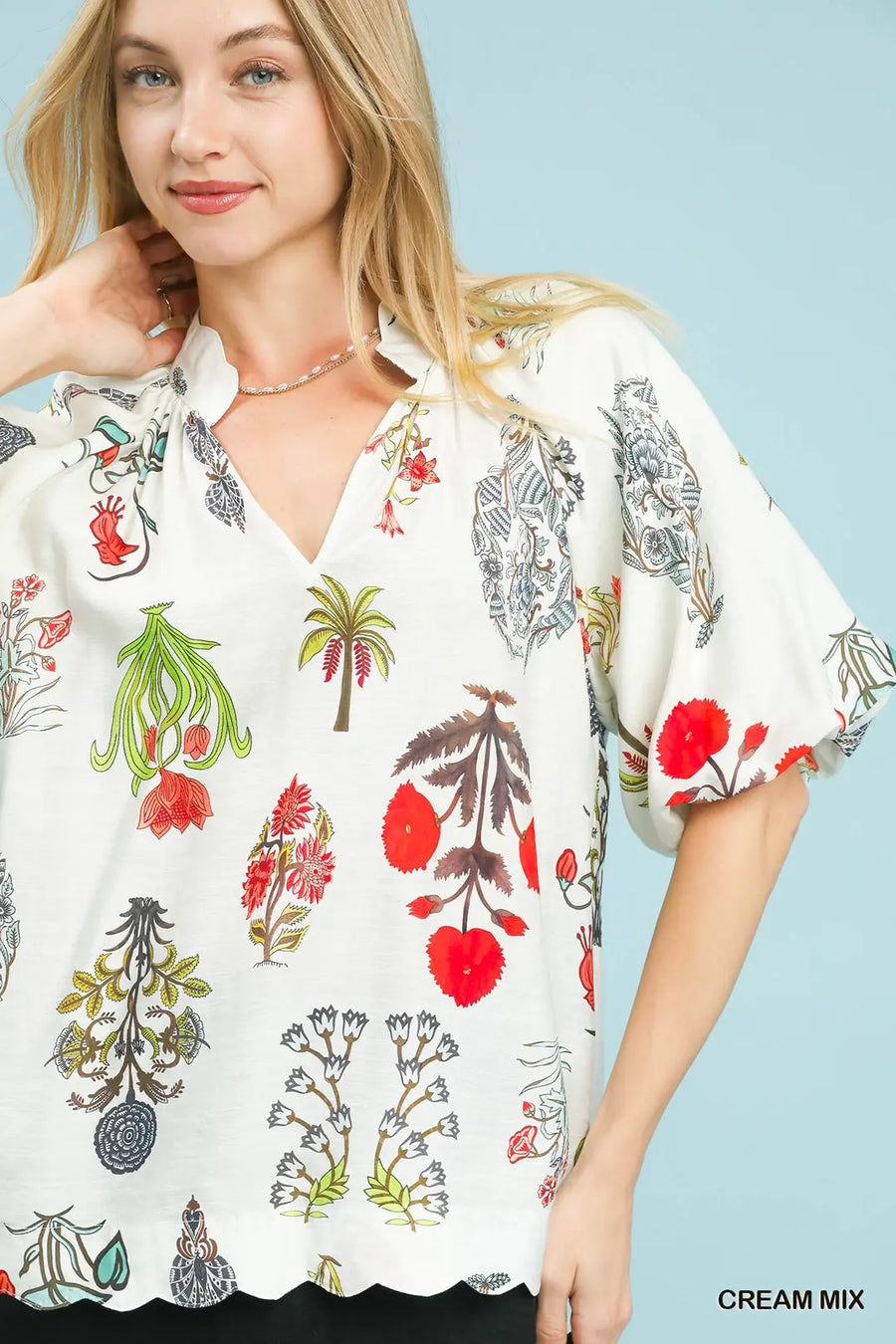 Spring Fling Puff Sleeve V-Neck Botanical Floral Print Blouse Top