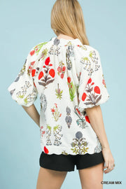 Spring Fling Puff Sleeve V-Neck Botanical Floral Print Blouse Top