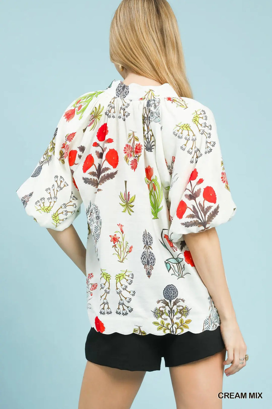 Spring Fling Puff Sleeve V-Neck Botanical Floral Print Blouse Top
