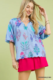 Spring Fling Puff Sleeve V-Neck Botanical Floral Print Blouse Top