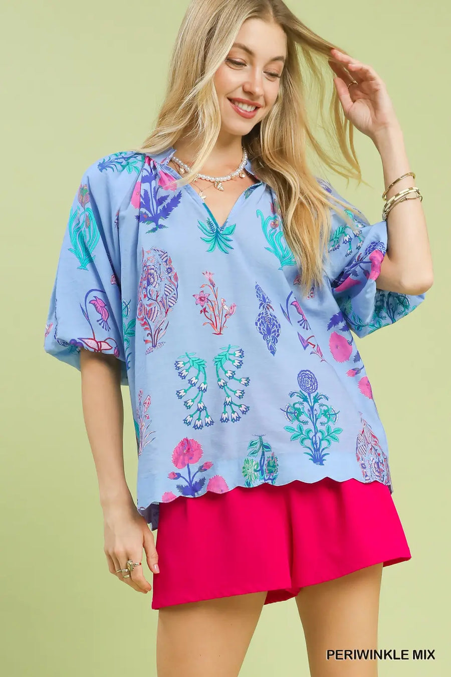 Spring Fling Puff Sleeve V-Neck Botanical Floral Print Blouse Top