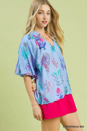 Spring Fling Puff Sleeve V-Neck Botanical Floral Print Blouse Top