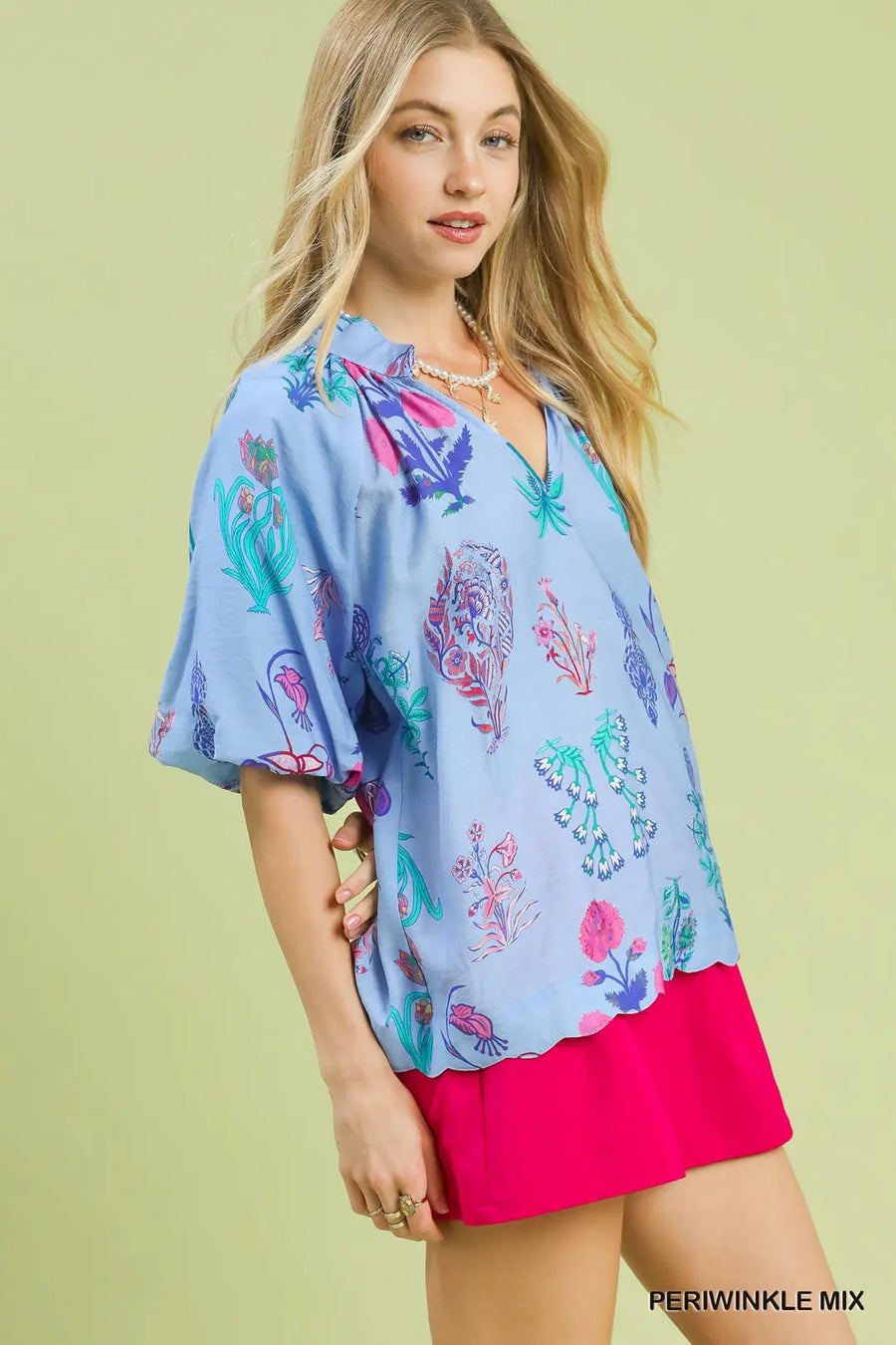 Spring Fling Puff Sleeve V-Neck Botanical Floral Print Blouse Top