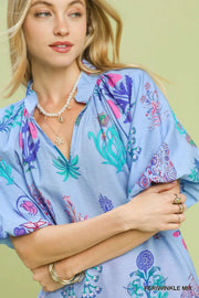 Spring Fling Puff Sleeve V-Neck Botanical Floral Print Blouse Top