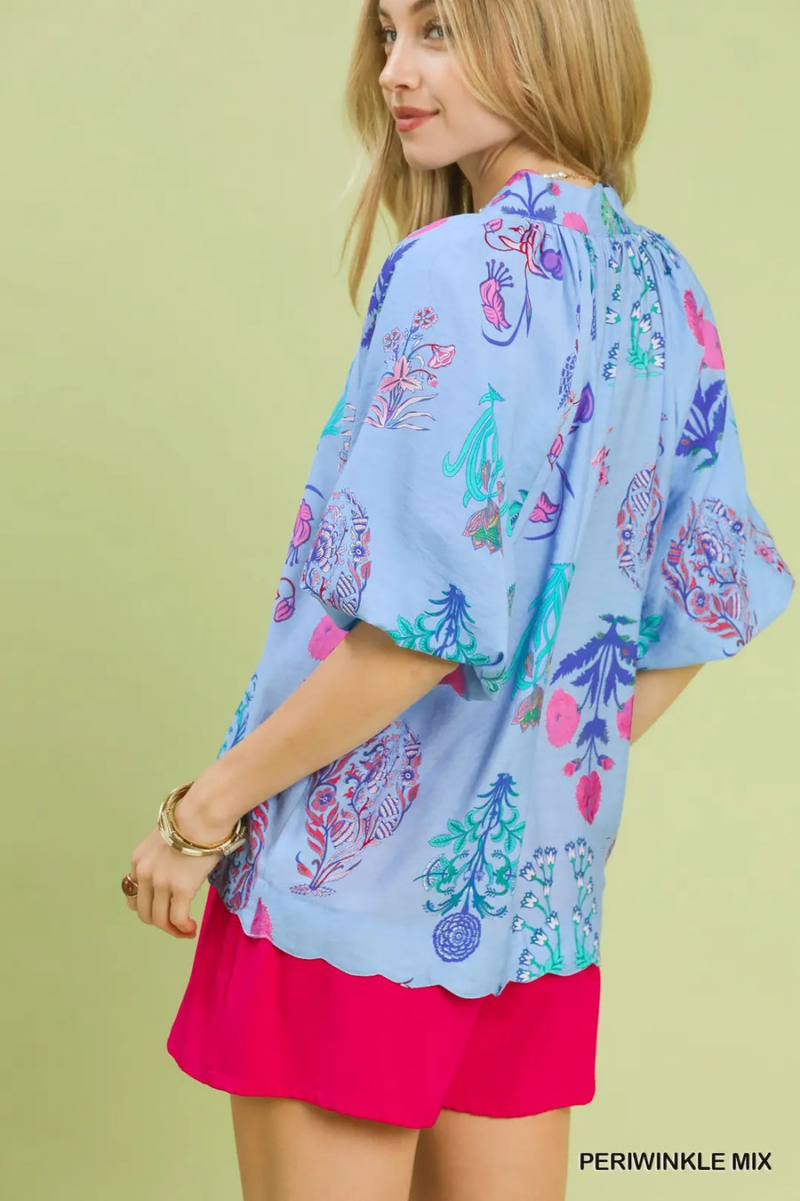 Spring Fling Puff Sleeve V-Neck Botanical Floral Print Blouse Top