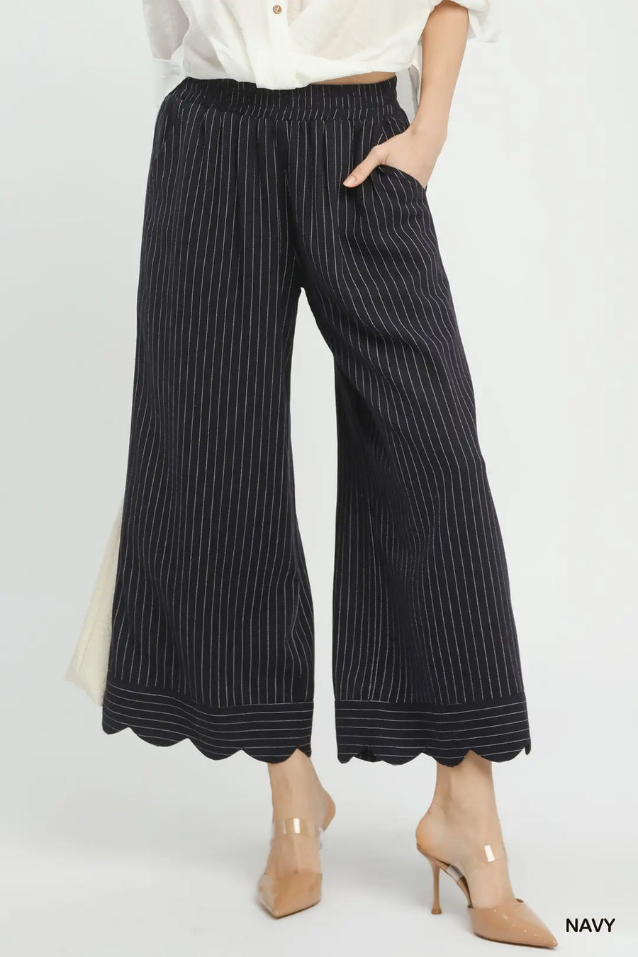 Captain Linen Blend Pinstripe Scallop Hem Crop Length Pants