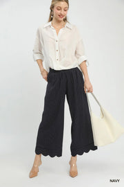 Captain Linen Blend Pinstripe Scallop Hem Crop Length Pants