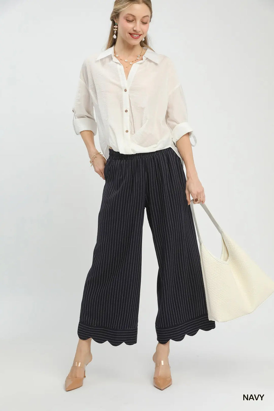 Captain Linen Blend Pinstripe Scallop Hem Crop Length Pants
