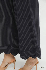 Captain Linen Blend Pinstripe Scallop Hem Crop Length Pants