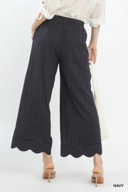 Captain Linen Blend Pinstripe Scallop Hem Crop Length Pants