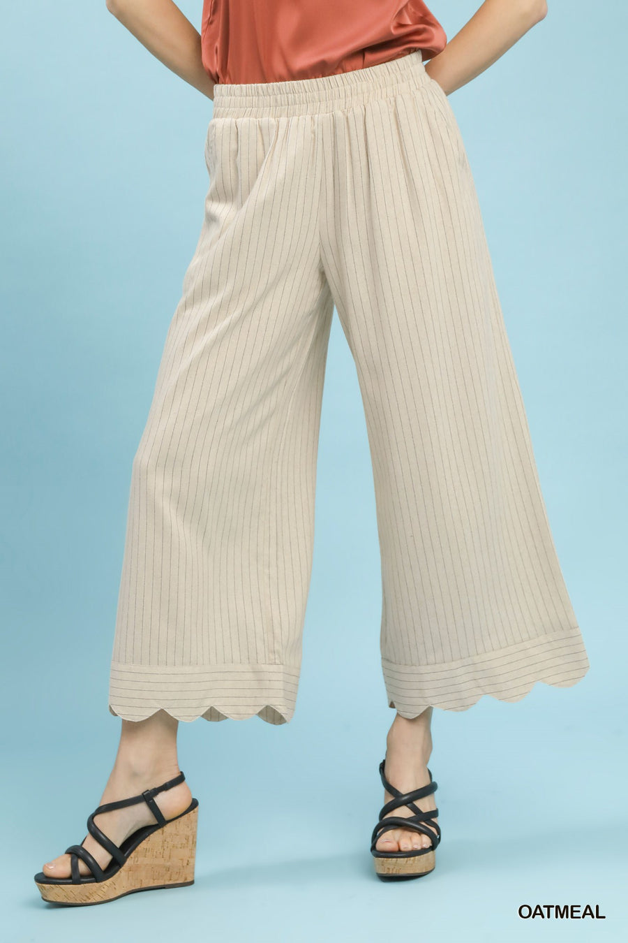 Captain Linen Blend Pinstripe Scallop Hem Crop Length Pants