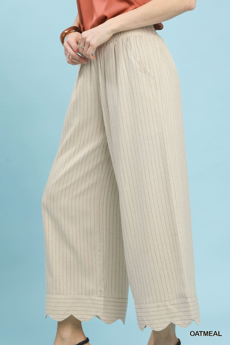 Captain Linen Blend Pinstripe Scallop Hem Crop Length Pants