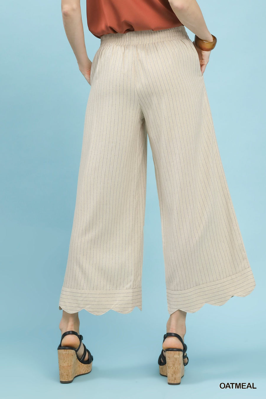 Captain Linen Blend Pinstripe Scallop Hem Crop Length Pants
