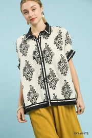 Rachelle Print Button Down Cuffed Half Sleeve Blouse Top