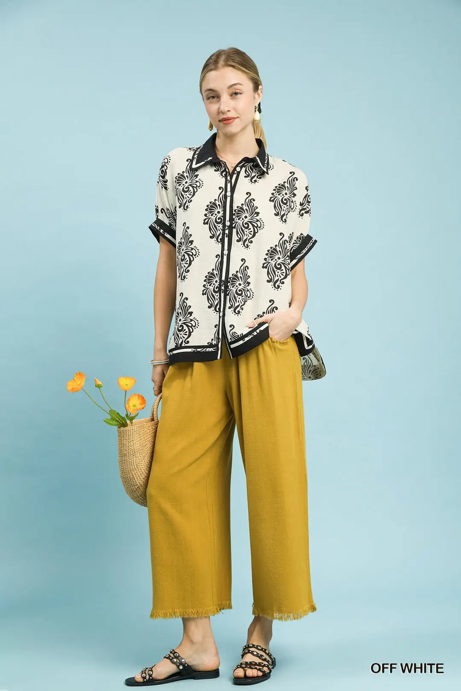 Rachelle Print Button Down Cuffed Half Sleeve Blouse Top