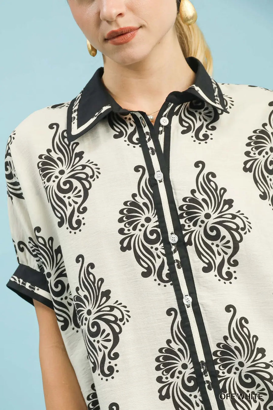 Rachelle Print Button Down Cuffed Half Sleeve Blouse Top