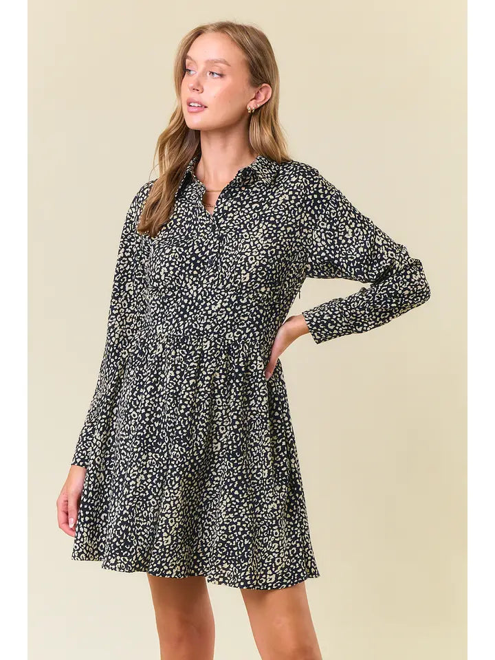 Catalina Collared Animal Print Long Sleeve Mini Dress