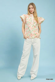 Valyn Watercolor Floral Flutter Sleeve Top with Ruffle Collar Trim