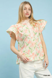 Valyn Watercolor Floral Flutter Sleeve Top with Ruffle Collar Trim