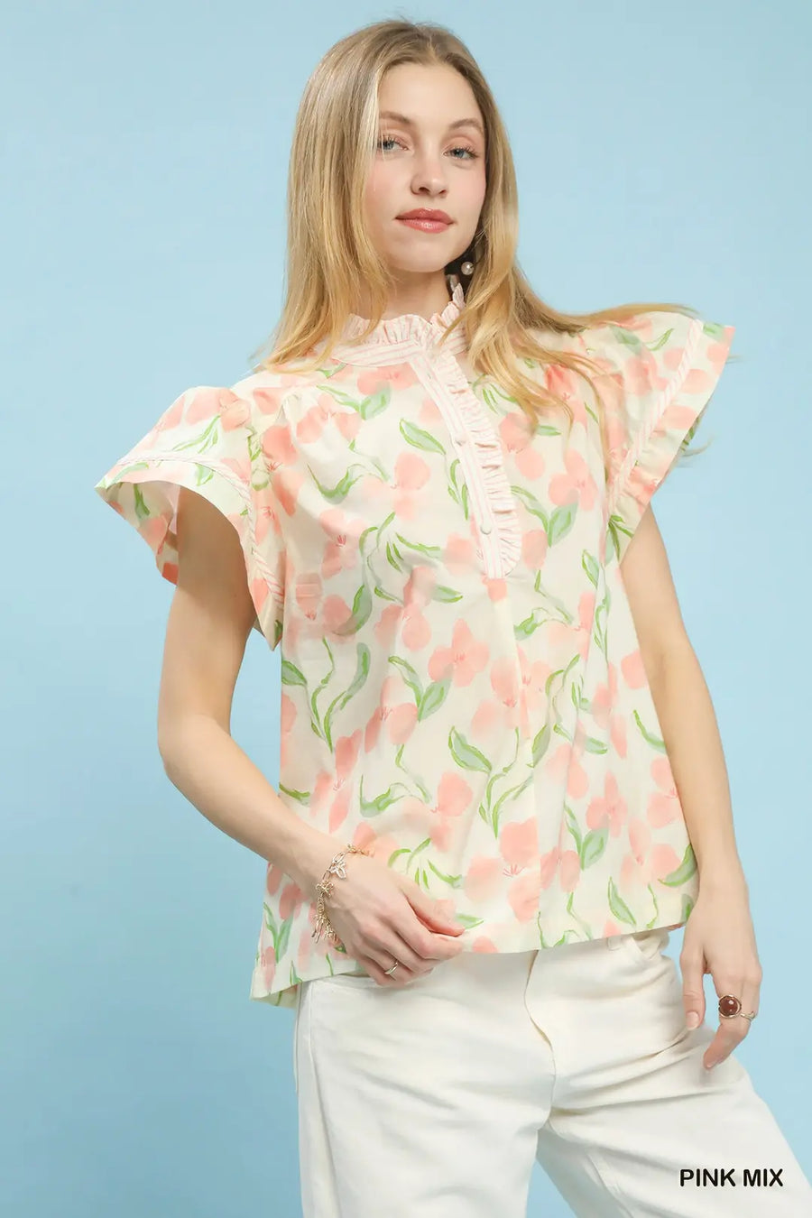 Valyn Watercolor Floral Flutter Sleeve Top with Ruffle Collar Trim