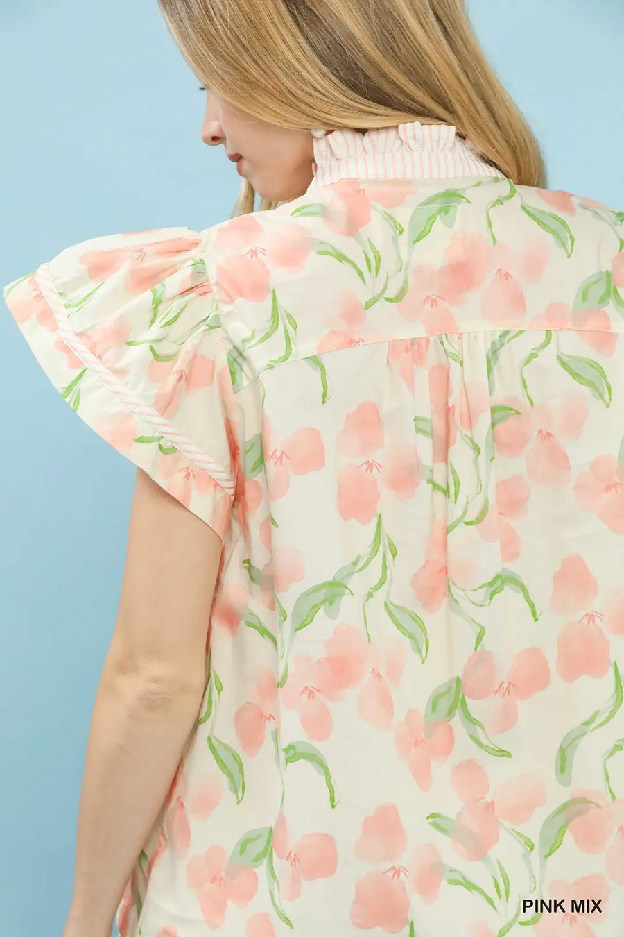 Valyn Watercolor Floral Flutter Sleeve Top with Ruffle Collar Trim