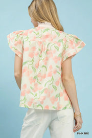 Valyn Watercolor Floral Flutter Sleeve Top with Ruffle Collar Trim