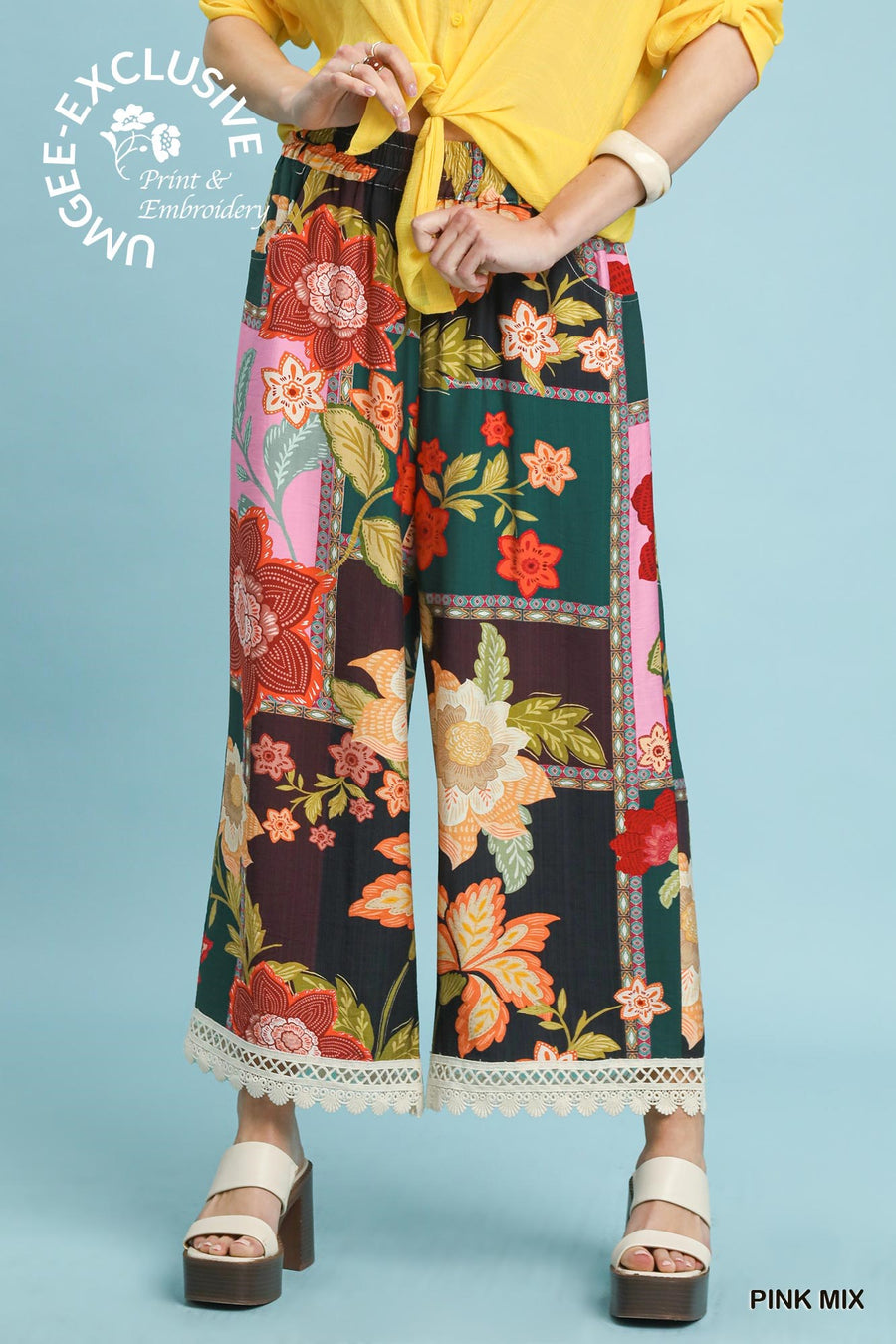 Patch Floral Print Lace Trimmed Pants
