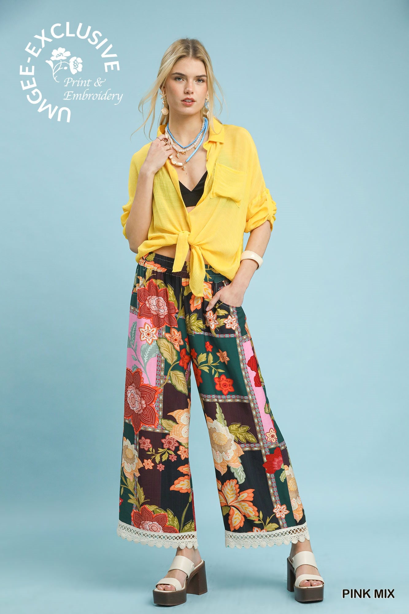 Patch Floral Print Lace Trimmed Pants