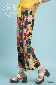Patch Floral Print Lace Trimmed Pants