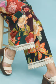 Patch Floral Print Lace Trimmed Pants