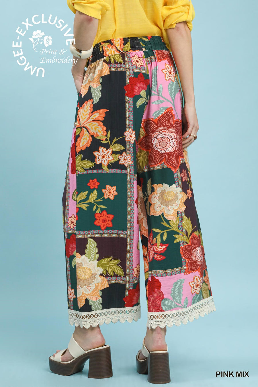 Patch Floral Print Lace Trimmed Pants
