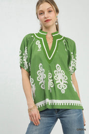 Evangeline Boho Print Split V-Neck Short Sleeve Top