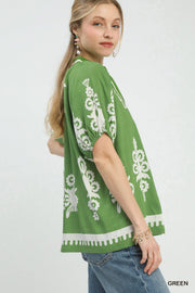 Evangeline Boho Print Split V-Neck Short Sleeve Top