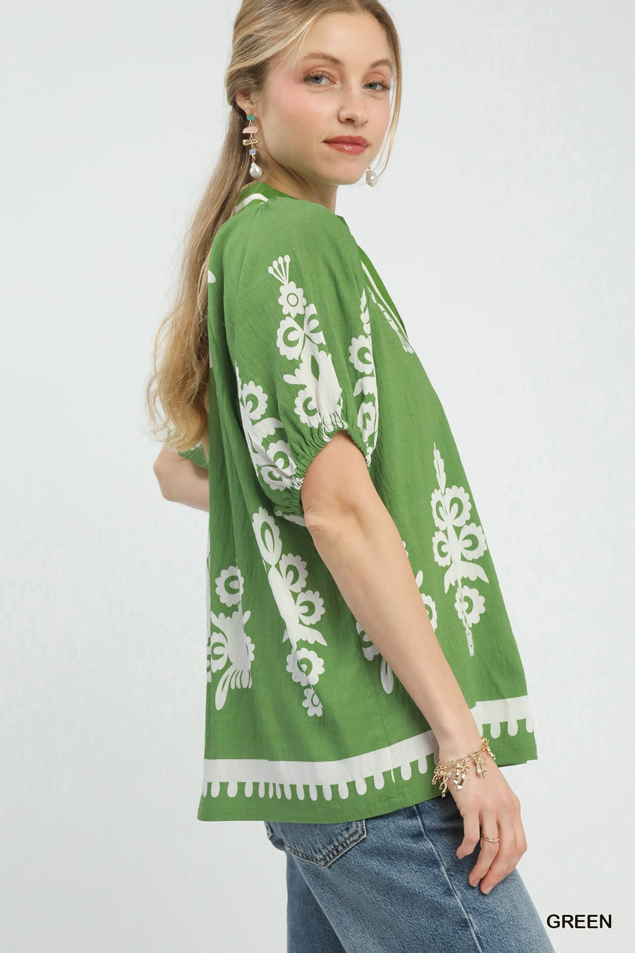 Evangeline Boho Print Split V-Neck Short Sleeve Top