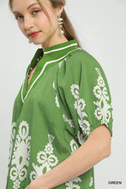 Evangeline Boho Print Split V-Neck Short Sleeve Top