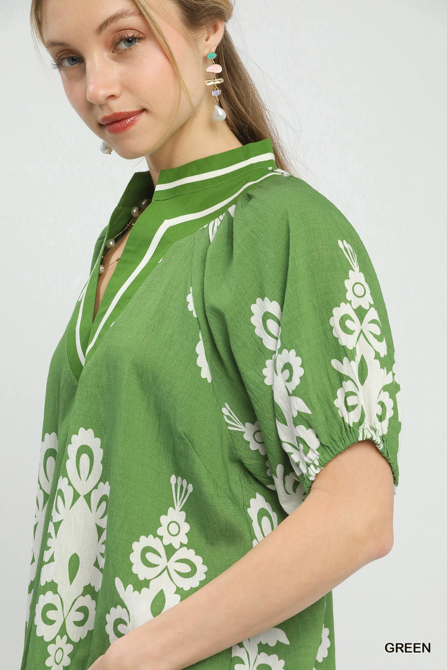 Evangeline Boho Print Split V-Neck Short Sleeve Top