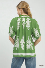 Evangeline Boho Print Split V-Neck Short Sleeve Top